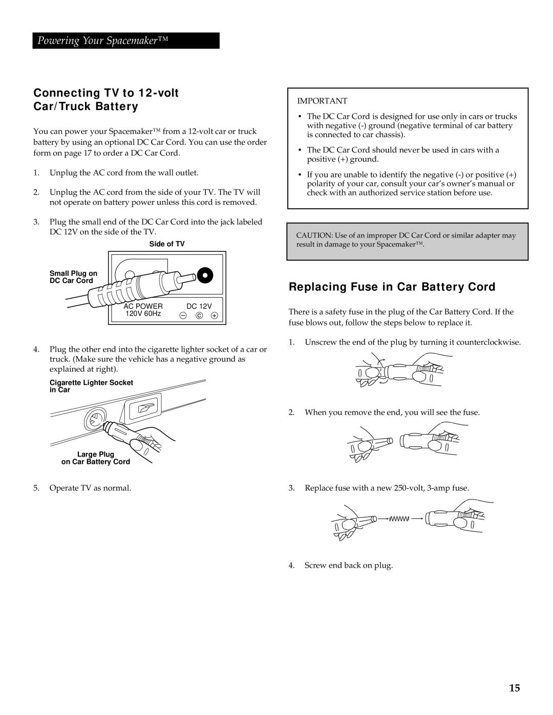 GE 05GP005 manual Connecting TV to 12-volt Car/Truck Battery, Replacing Fuse in Car Battery Cord 