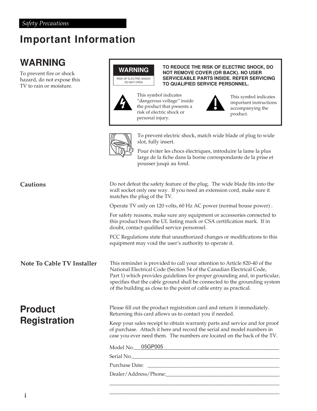 GE 05GP005 manual Important Information, Safety Precautions 