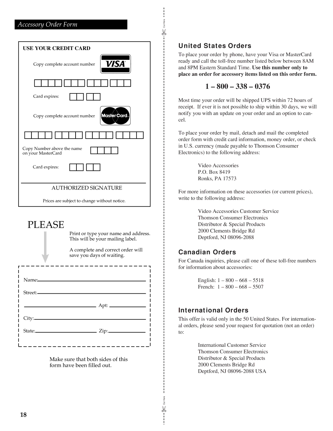 GE 05GP005 manual Accessory Order Form, USE Your Credit Card 