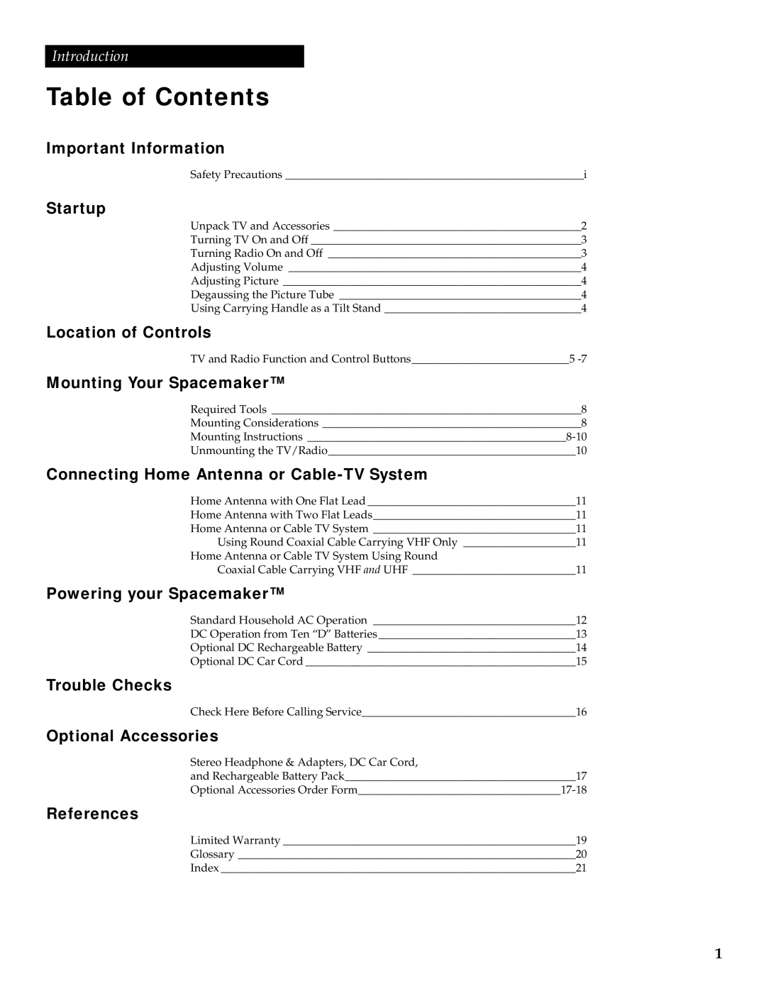 GE 05GP005 manual Table of Contents 