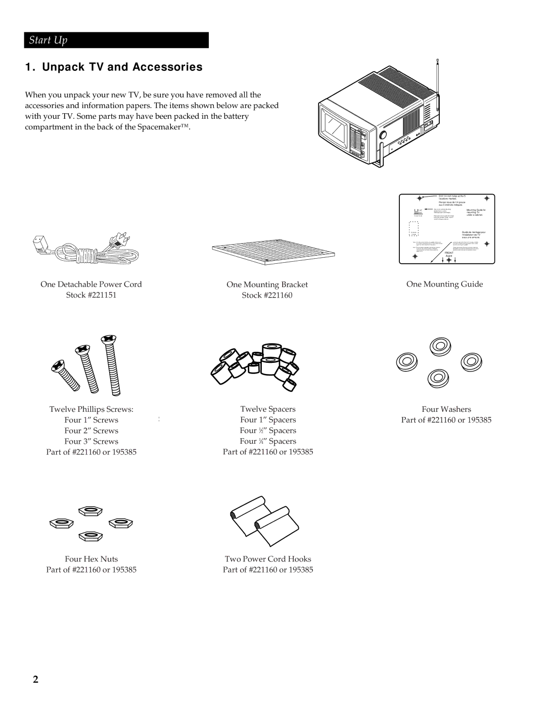 GE 05GP005 manual Unpack TV and Accessories, Start Up 