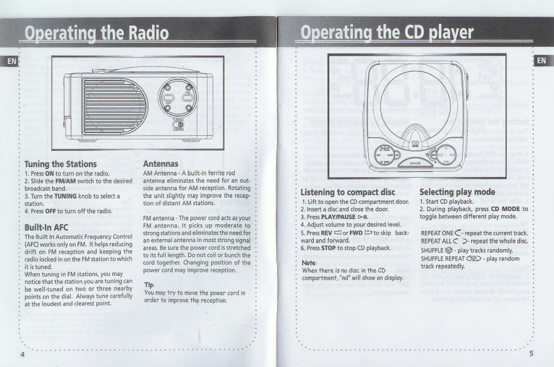 GE 1-Jul manual Tuning the Stations, Built-InAFC, Listening to compact disc, Selecting play mode 