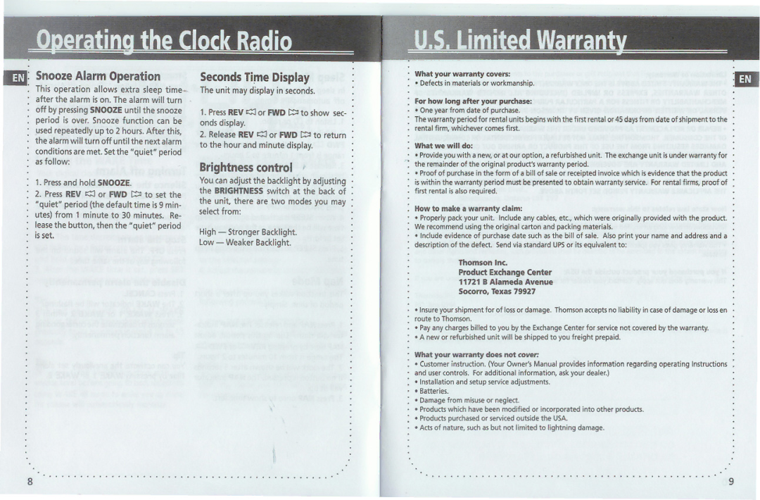 GE 1-Jul manual 11m Snooze Alarm Operation, Brightness control, PressREVoJ or FWDroto set, SecondsTi~e Display 