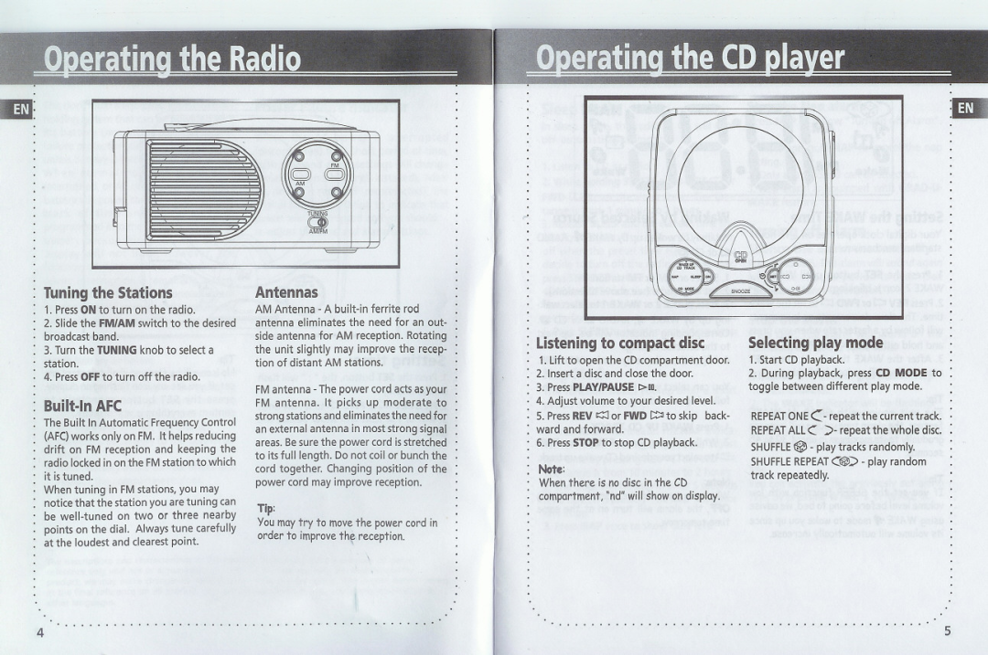 GE 1-Jul Tuning the Stations, Built-InAFC, Listening to compact disc, Selecting play mode, station, theRadio, Antennas 