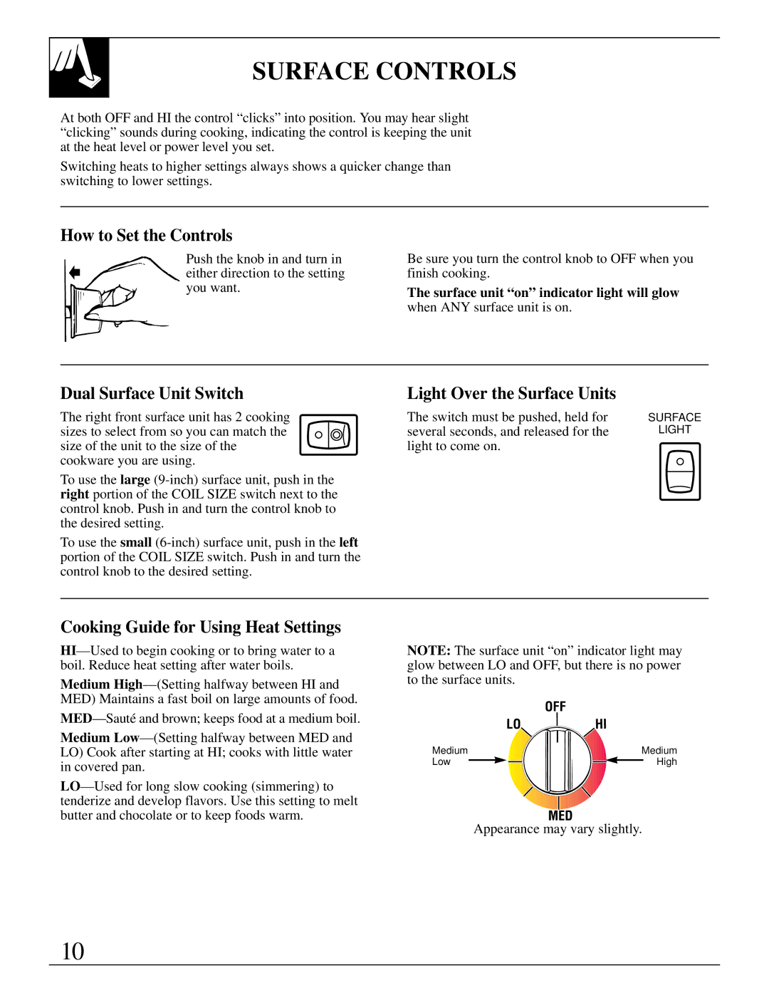 GE 10-95 CG warranty Surface Controls, How to Set the Controls, Dual Surface Unit Switch, Light Over the Surface Units 