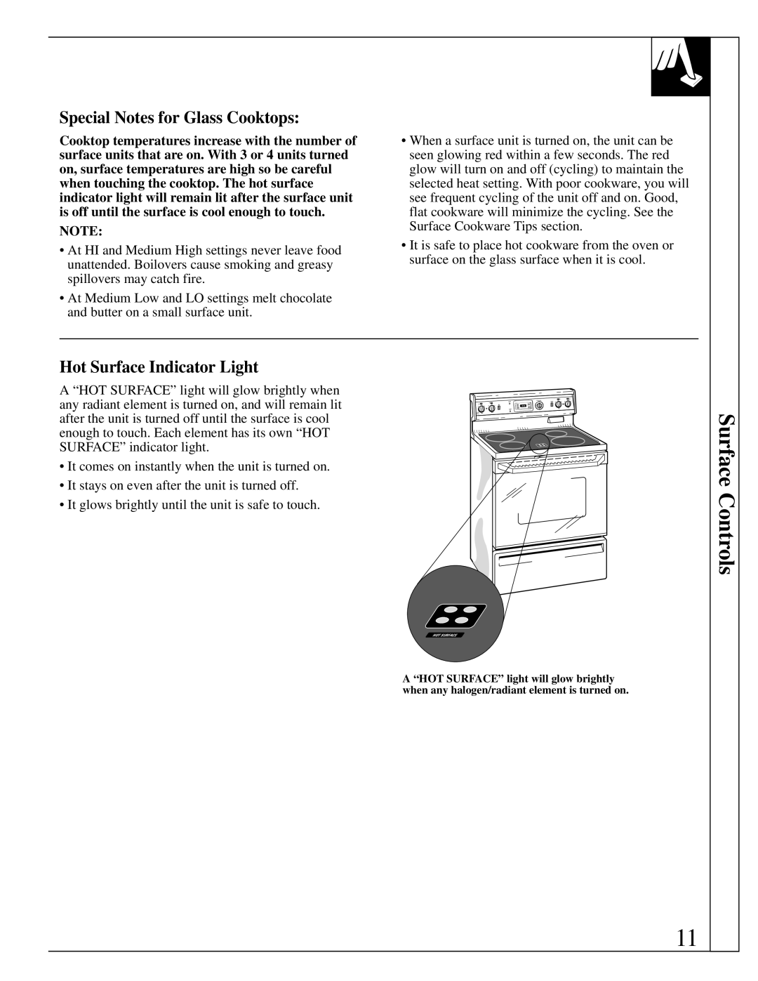 GE 10-95 CG warranty Surface Controls, Special Notes for Glass Cooktops, Hot Surface Indicator Light 