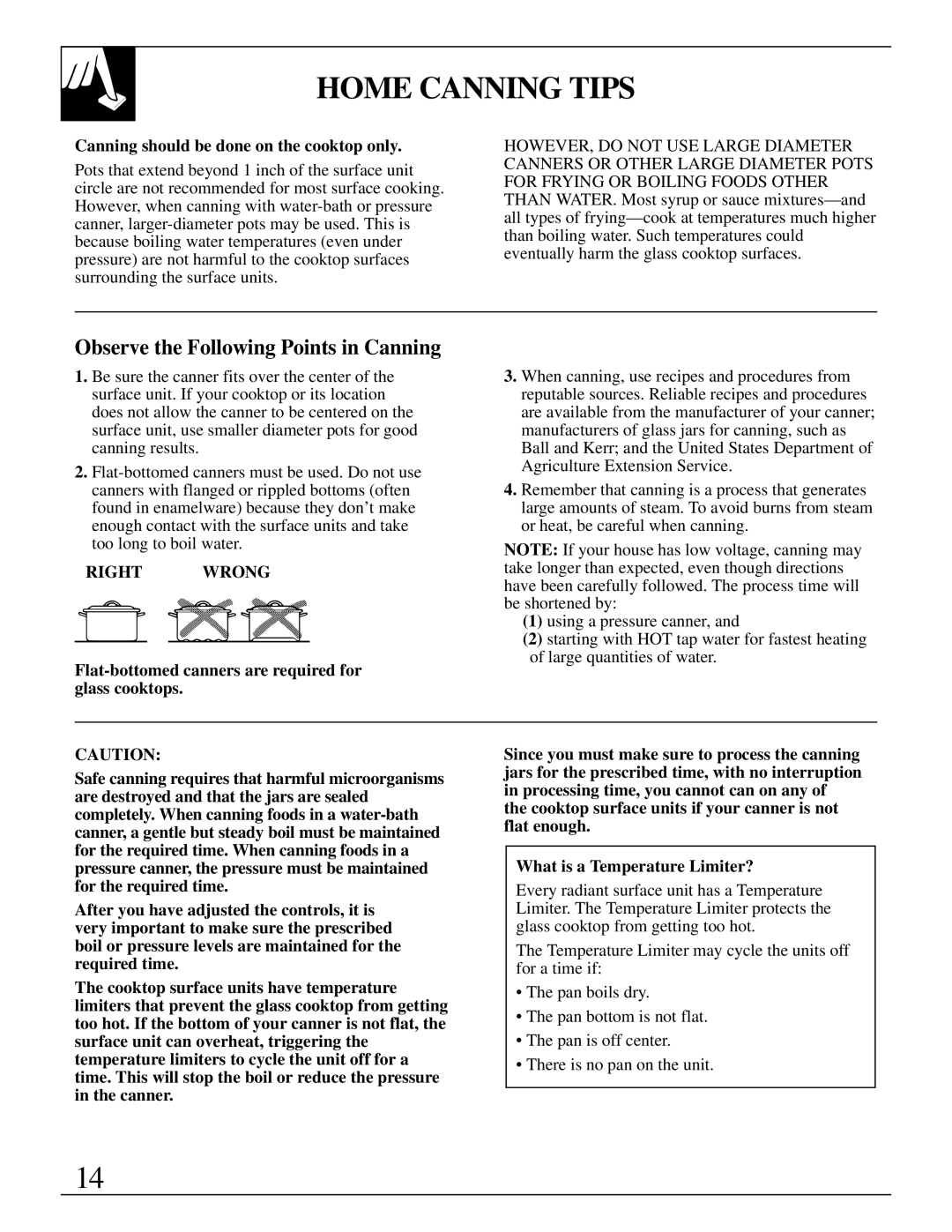 GE 10-95 CG warranty Home Canning Tips, Observe the Following Points in Canning, Canning should be done on the cooktop only 