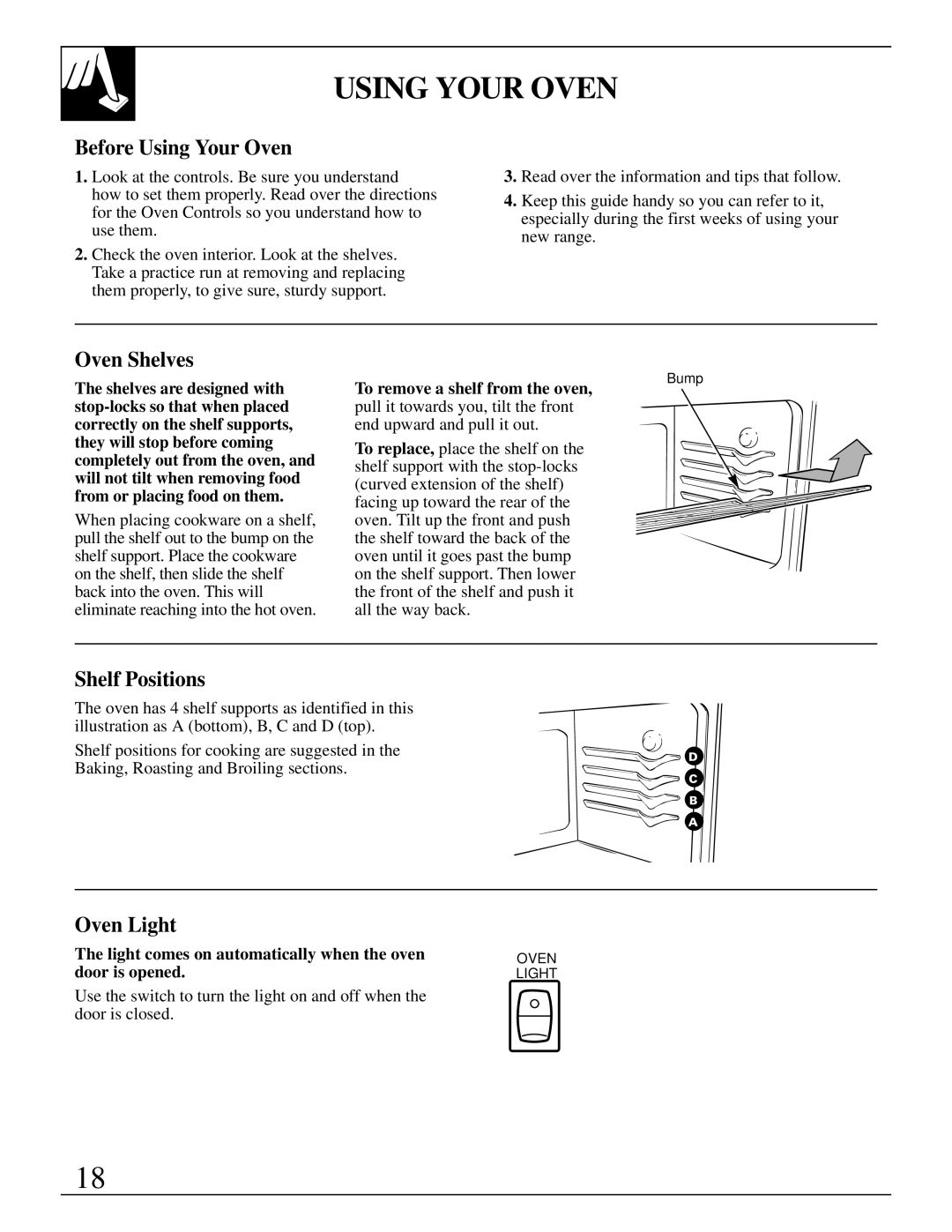 GE 10-95 CG warranty Before Using Your Oven, Oven Shelves, Shelf Positions, Oven Light 