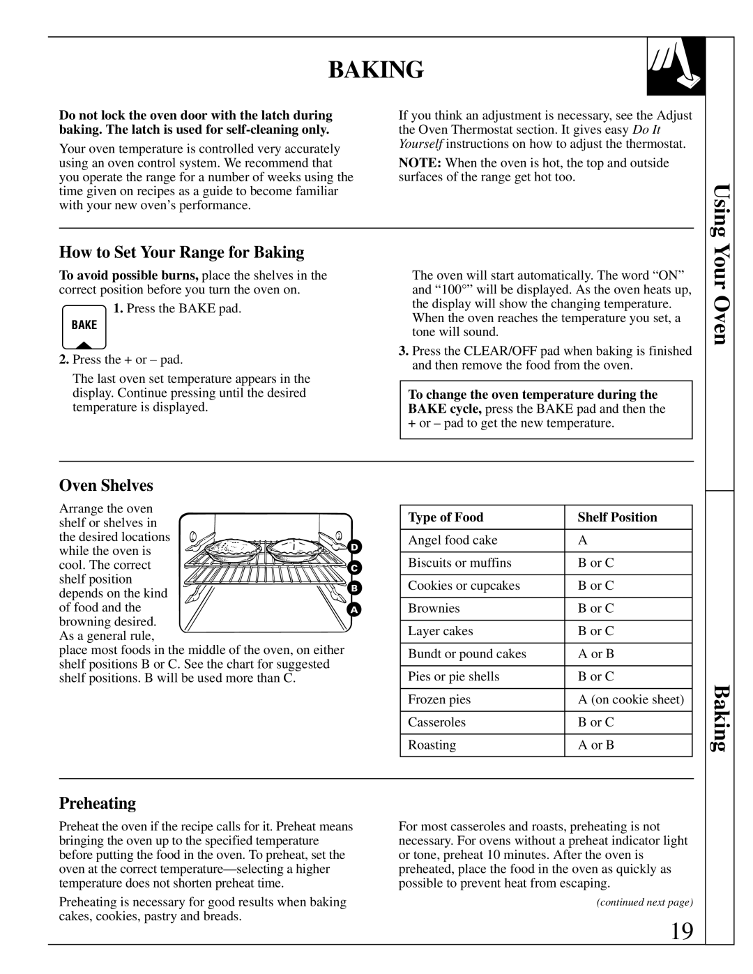 GE 10-95 CG warranty Baking, Using, Your Oven 