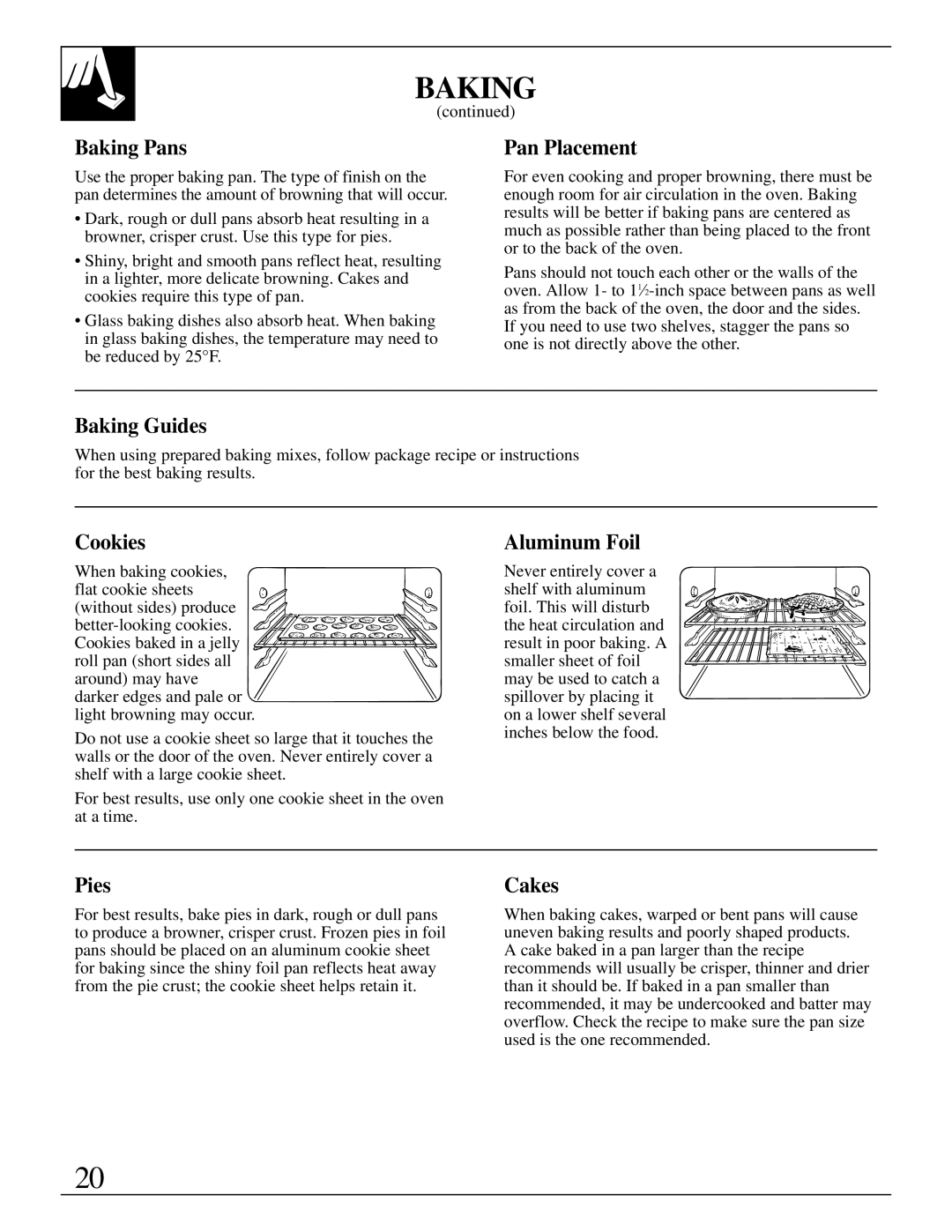 GE 10-95 CG warranty Baking Pans, Pan Placement, Baking Guides, Cookies, Aluminum Foil, Pies, Cakes 