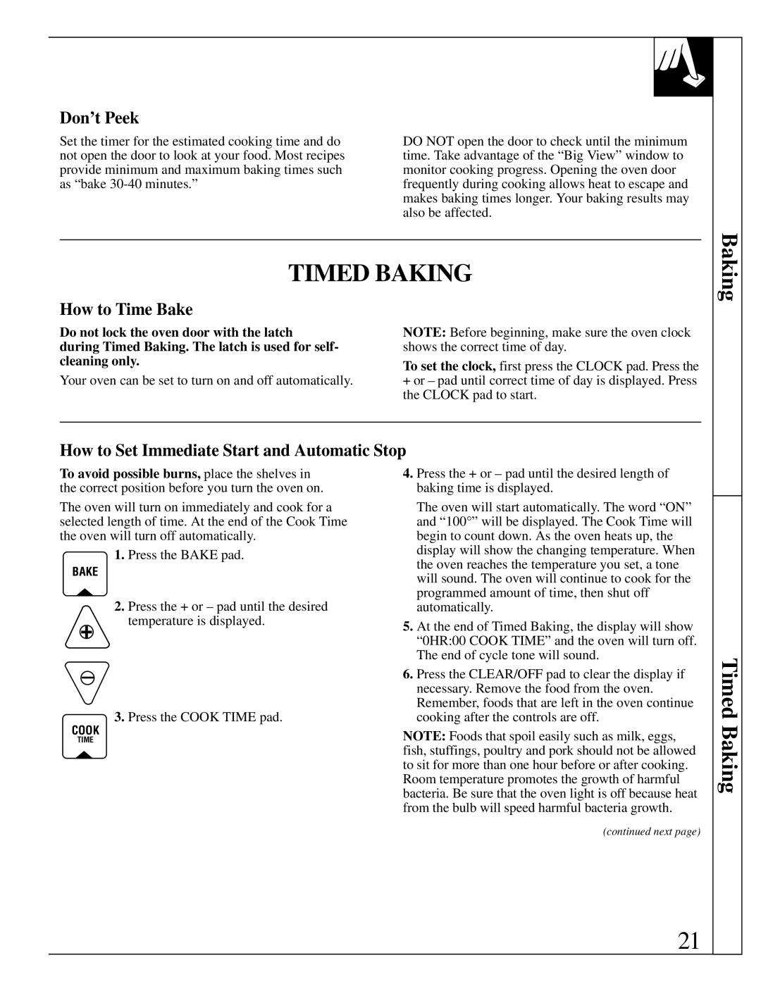 GE 10-95 CG warranty Timed Baking, Don’t Peek, How to Time Bake, How to Set Immediate Start and Automatic Stop 