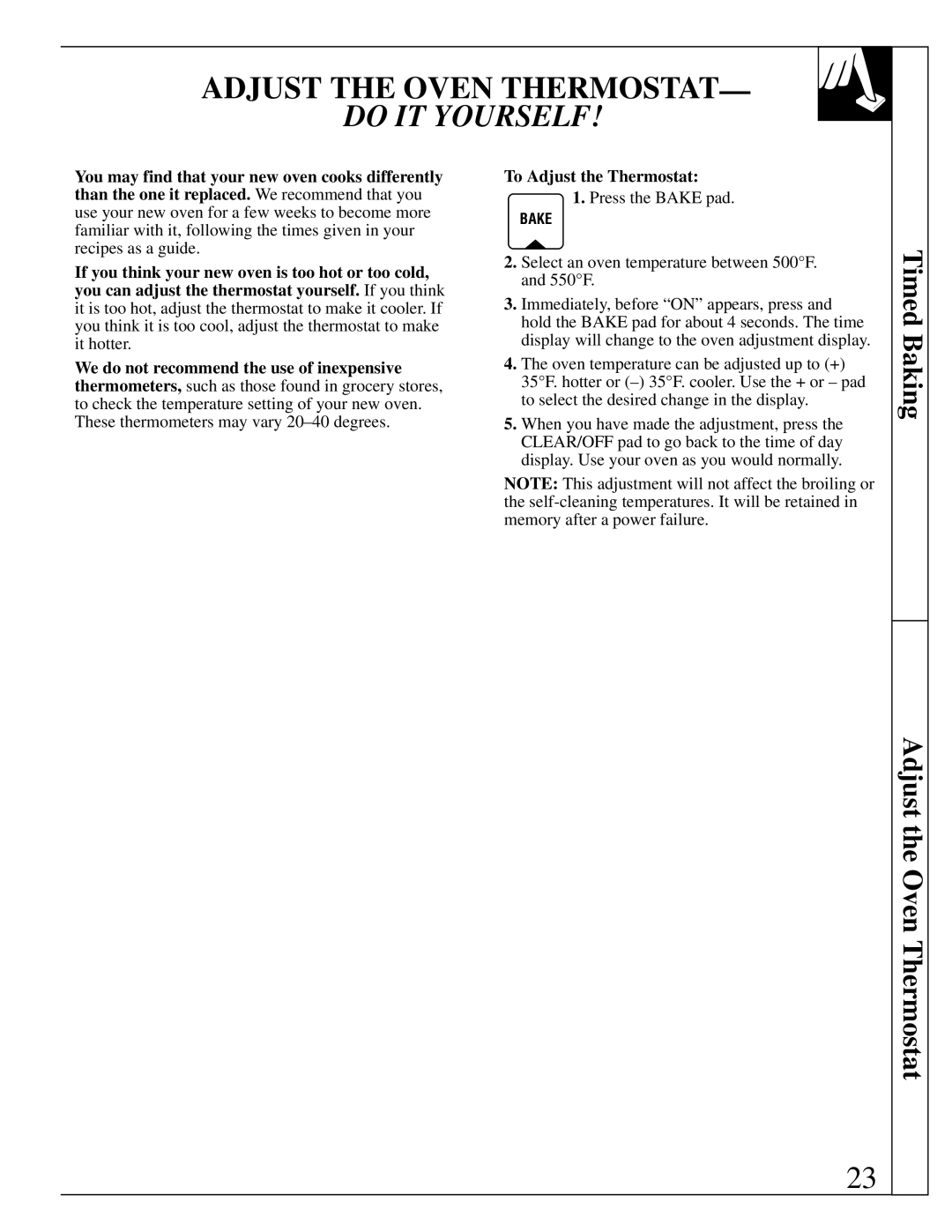 GE 10-95 CG warranty Timed Baking Adjust the Oven Thermostat 