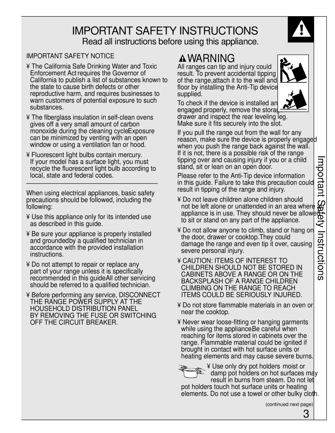 GE 10-95 CG warranty Important Safety Instructions 