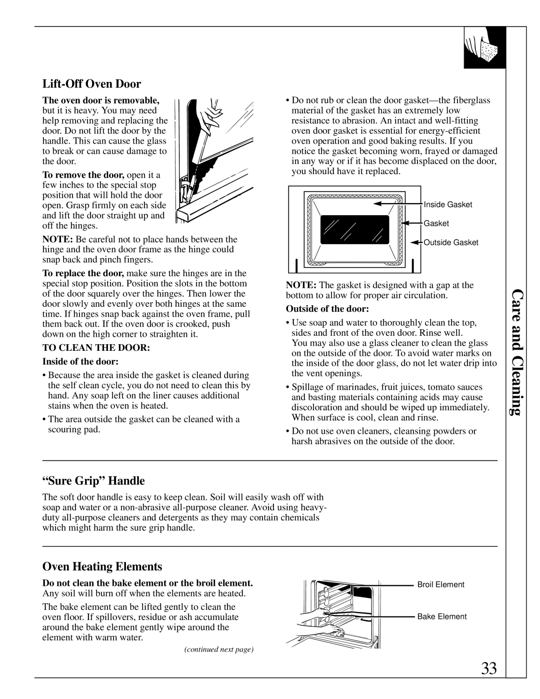 GE 10-95 CG warranty Care and Cleaning, Lift-Off Oven Door, Sure Grip Handle, Oven Heating Elements 