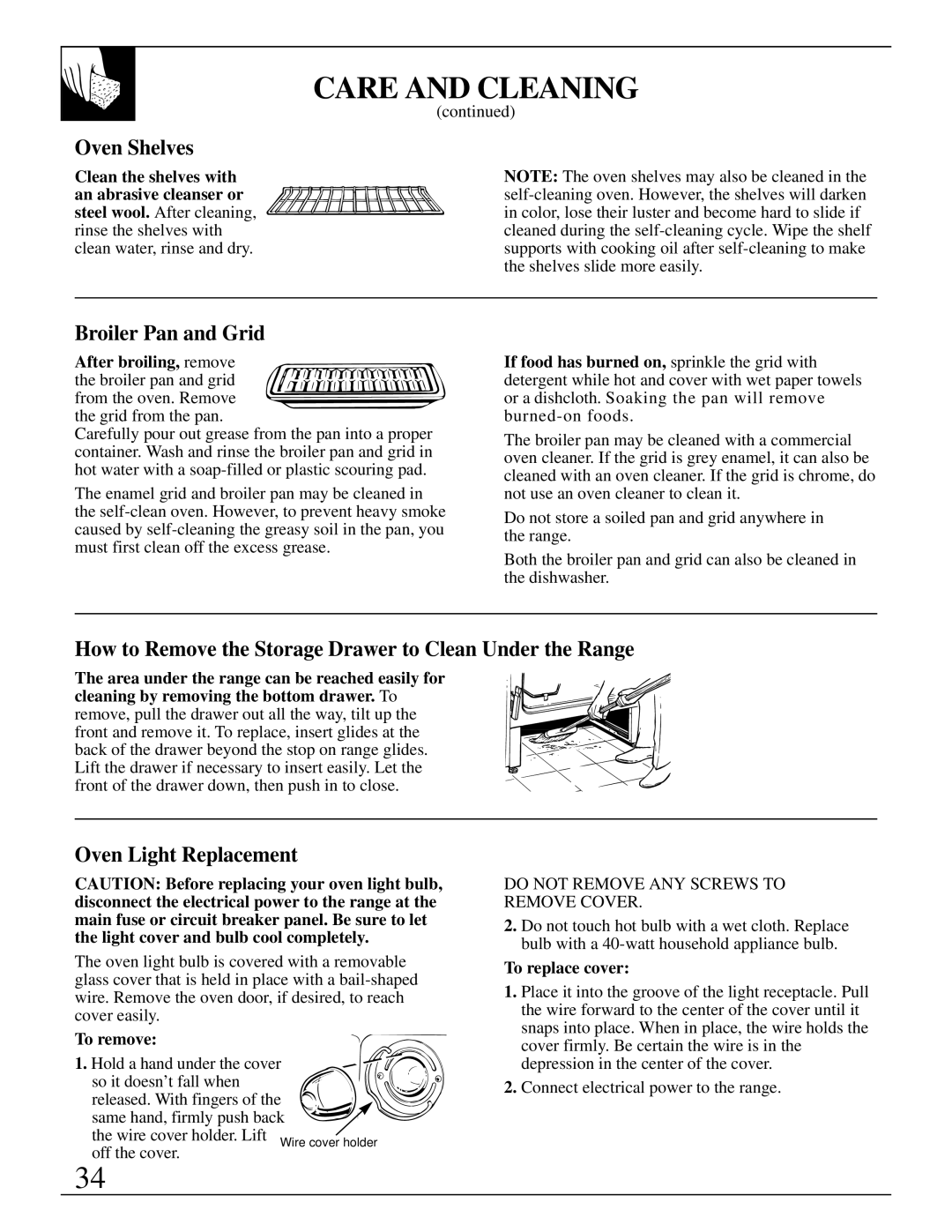 GE 10-95 CG Broiler Pan and Grid, How to Remove the Storage Drawer to Clean Under the Range, Oven Light Replacement 