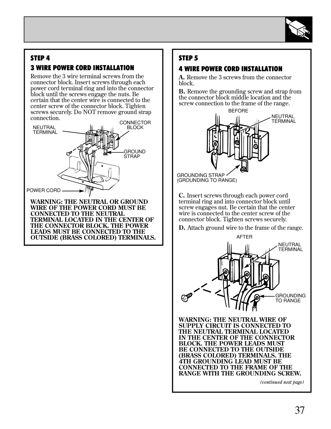 GE 10-95 CG warranty Step Wire Power Cord Installation 