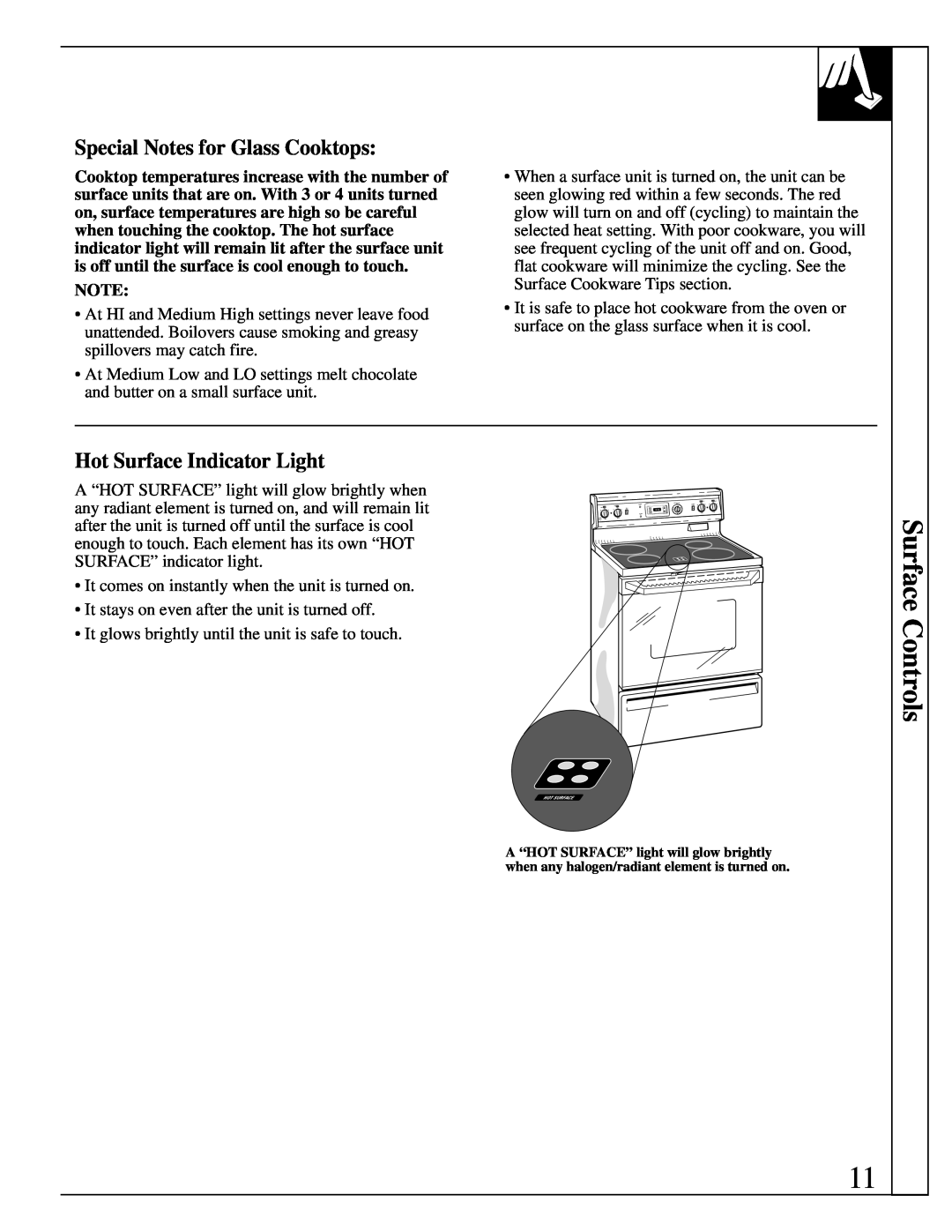 GE 10-95 CG warranty Surface Controls, Special Notes for Glass Cooktops, Hot Surface Indicator Light 