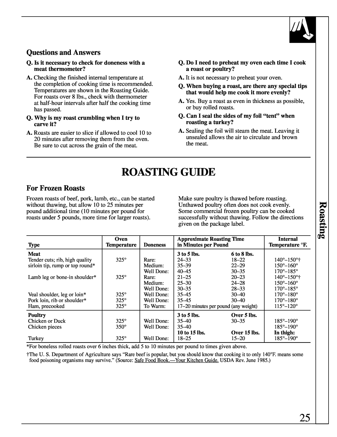 GE 10-95 CG Roasting Guide, Questions and Answers, For Frozen Roasts, Q. Why is my roast crumbling when I try to carve it? 