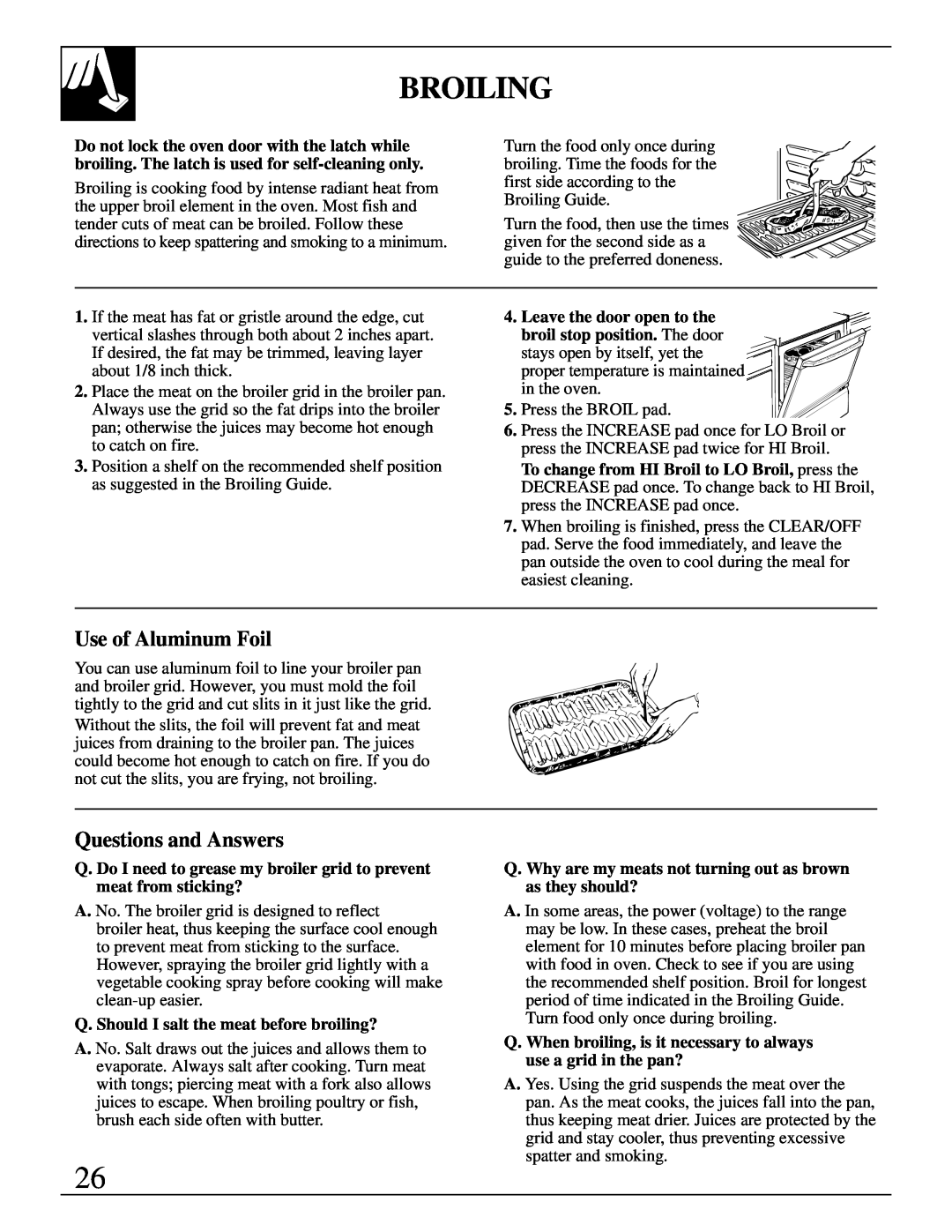GE 10-95 CG warranty Broiling, Use of Aluminum Foil, Questions and Answers, Q. Should I salt the meat before broiling? 