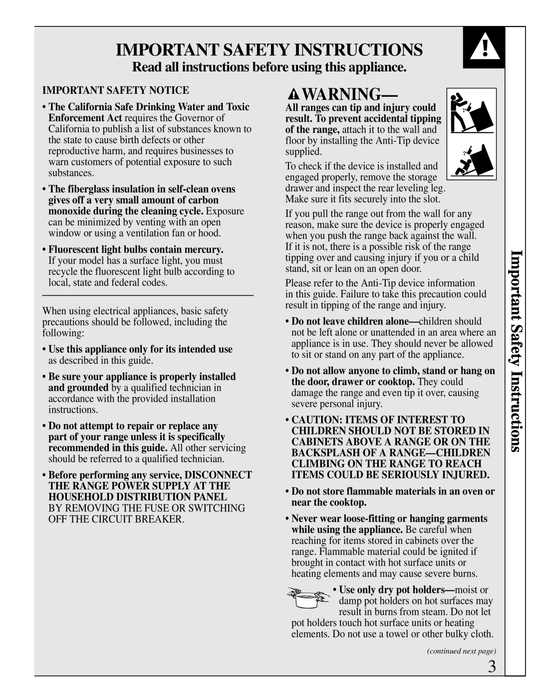 GE 10-95 CG warranty Important Safety Instructions, Read all instructions before using this appliance 