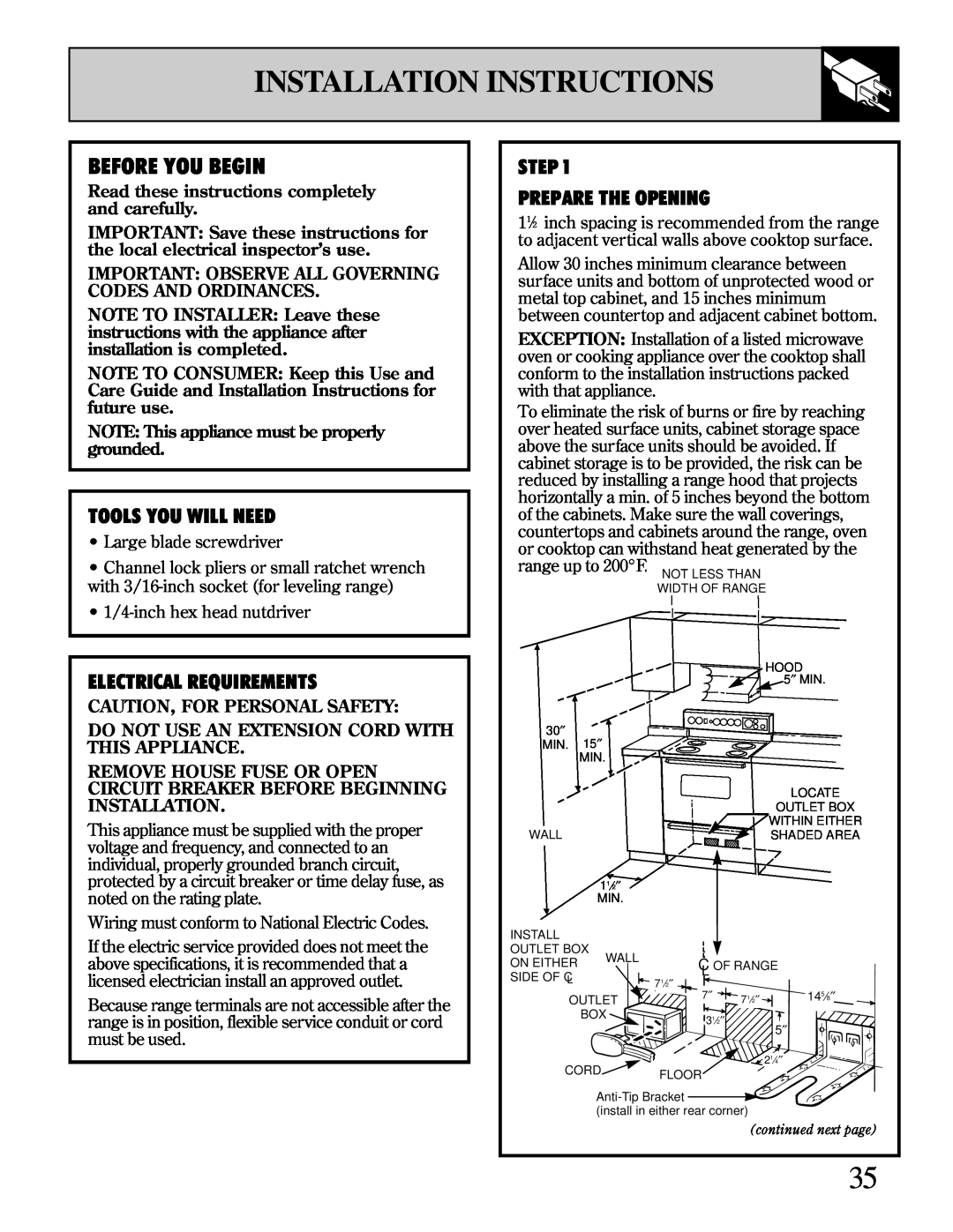 GE 10-95 CG warranty Installation Instructions, Tools You Will Need, Electrical Requirements, Step Prepare The Opening 
