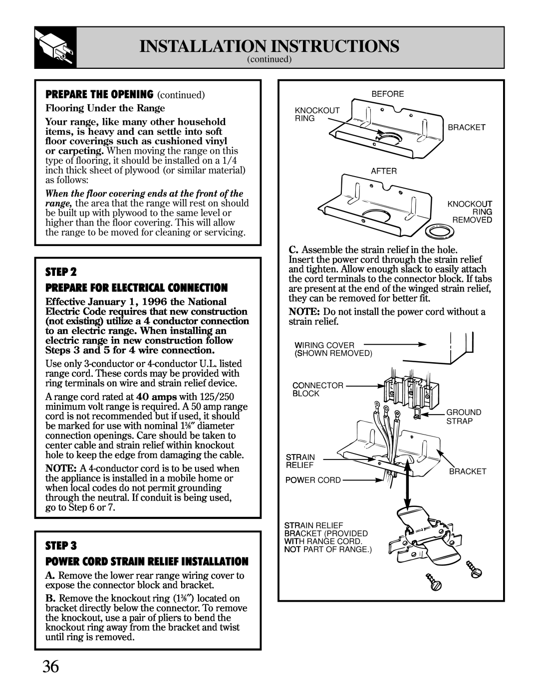 GE 10-95 CG warranty PREPARE THE OPENING continued, Step, Prepare For Electrical Connection, Installation Instructions 