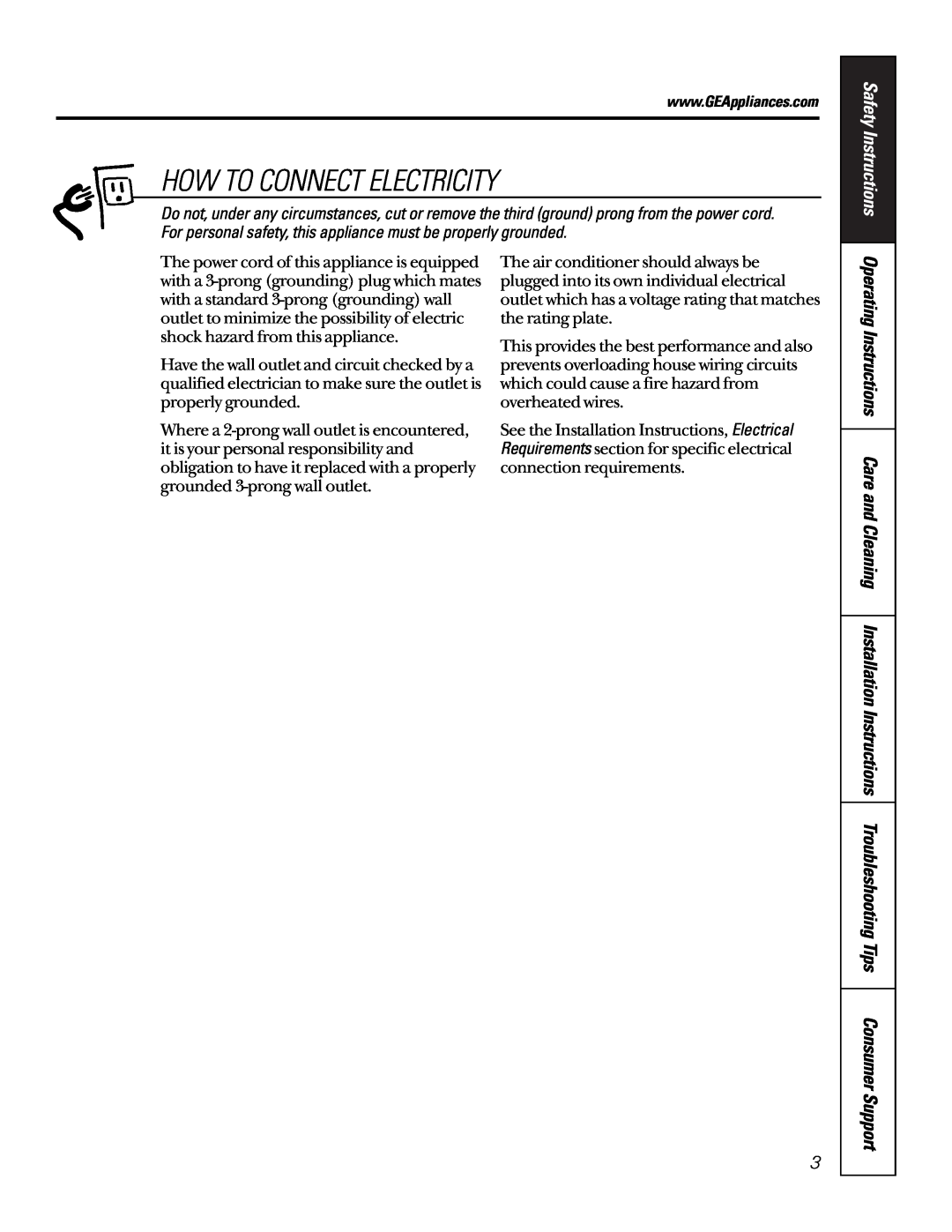 GE 10 ACA, 10 DCA, 12 DCA owner manual How To Connect Electricity, Safety Instructions 
