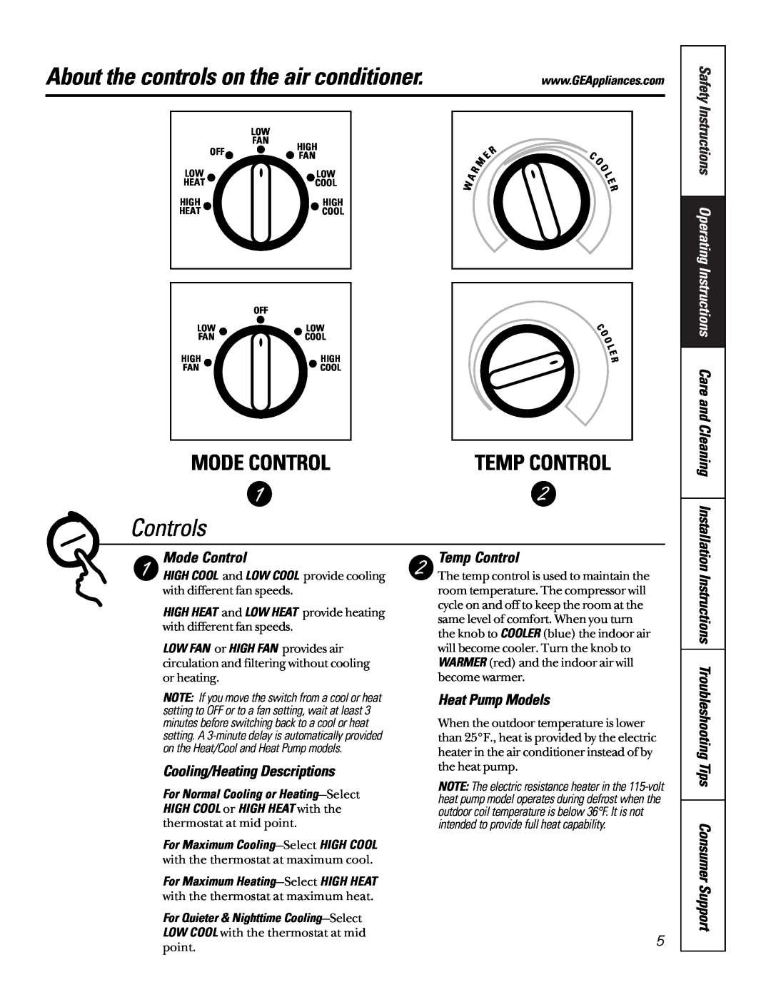 GE 10 DCA About the controls on the air conditioner, Controls, Temp Control, Safety, Mode Control, Heat Pump Models 
