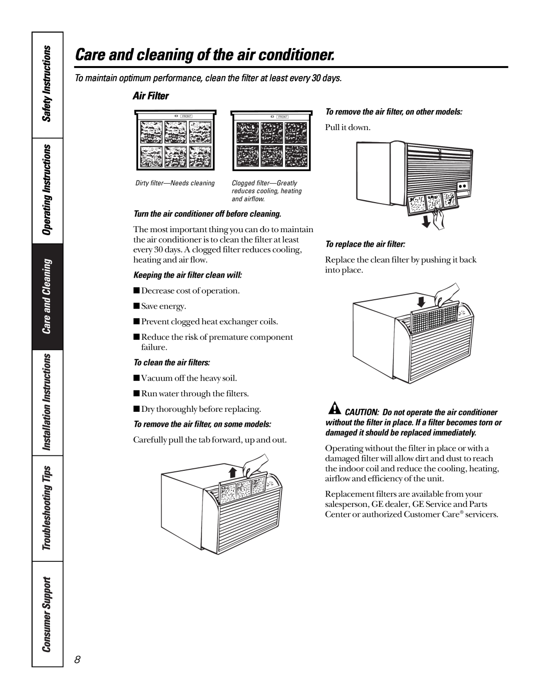 GE 10 ACA Instructions Safety Instructions, Air Filter, Care and cleaning of the air conditioner, To clean the air filters 