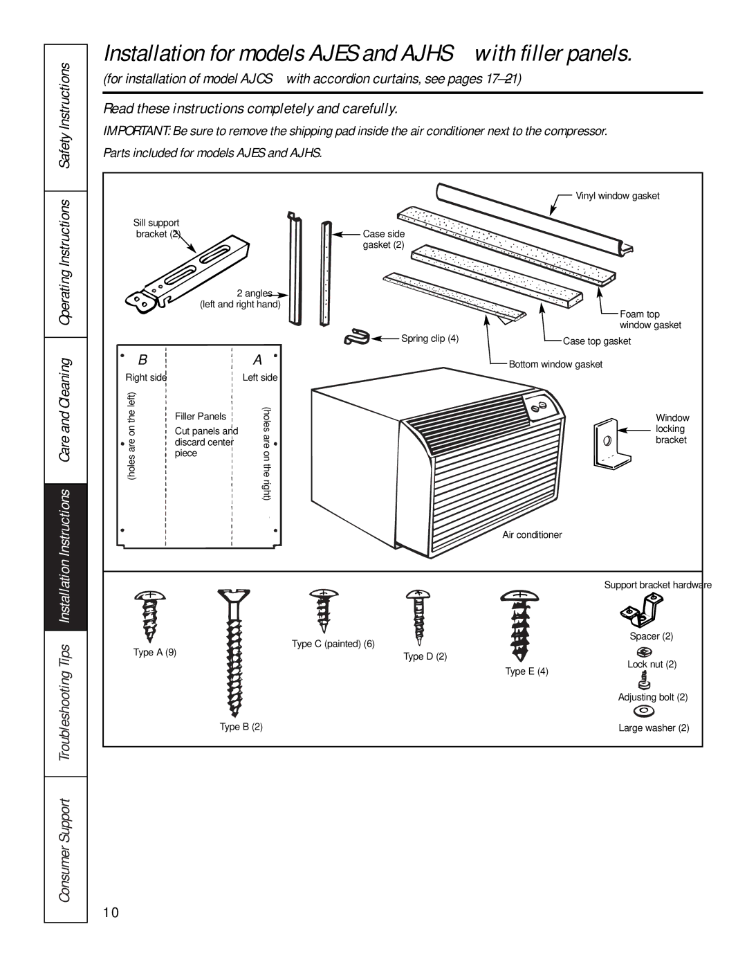 GE 10 AZA owner manual Installation for models Ajes and AJHS-with filler panels 