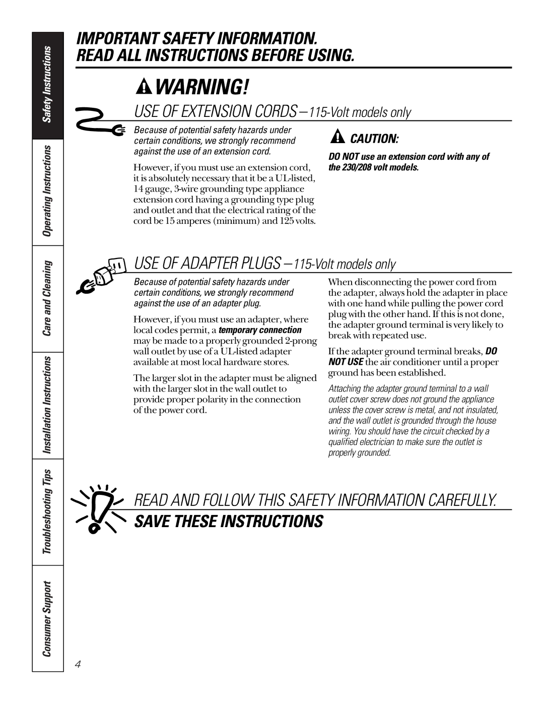 GE 10 AZA owner manual USE of Extension Cords -115-Volt models only, Operating Instructions 