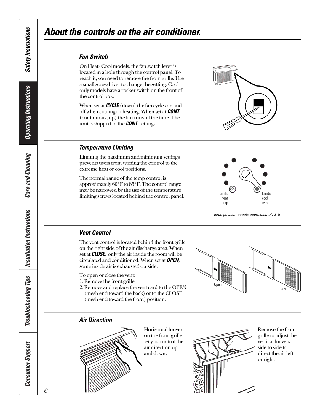 GE 10 AZA owner manual Fan Switch, Care and Cleaning Temperature Limiting, Vent Control, Air Direction 