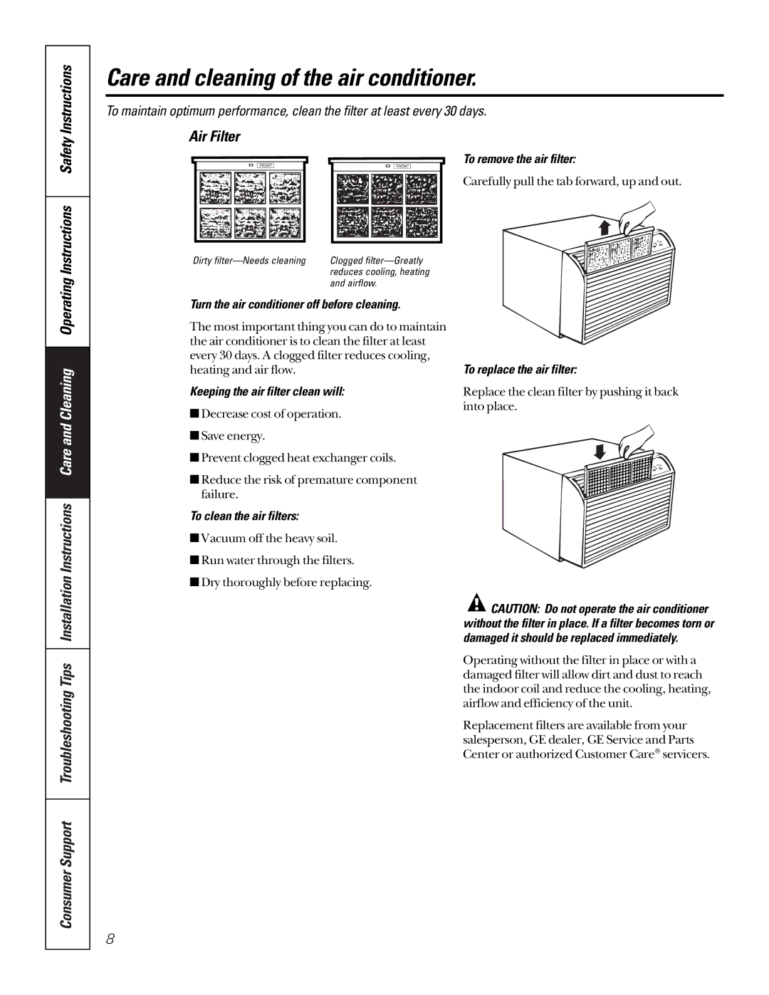 GE 10 AZA owner manual Instructions Safety Instructions, Air Filter 