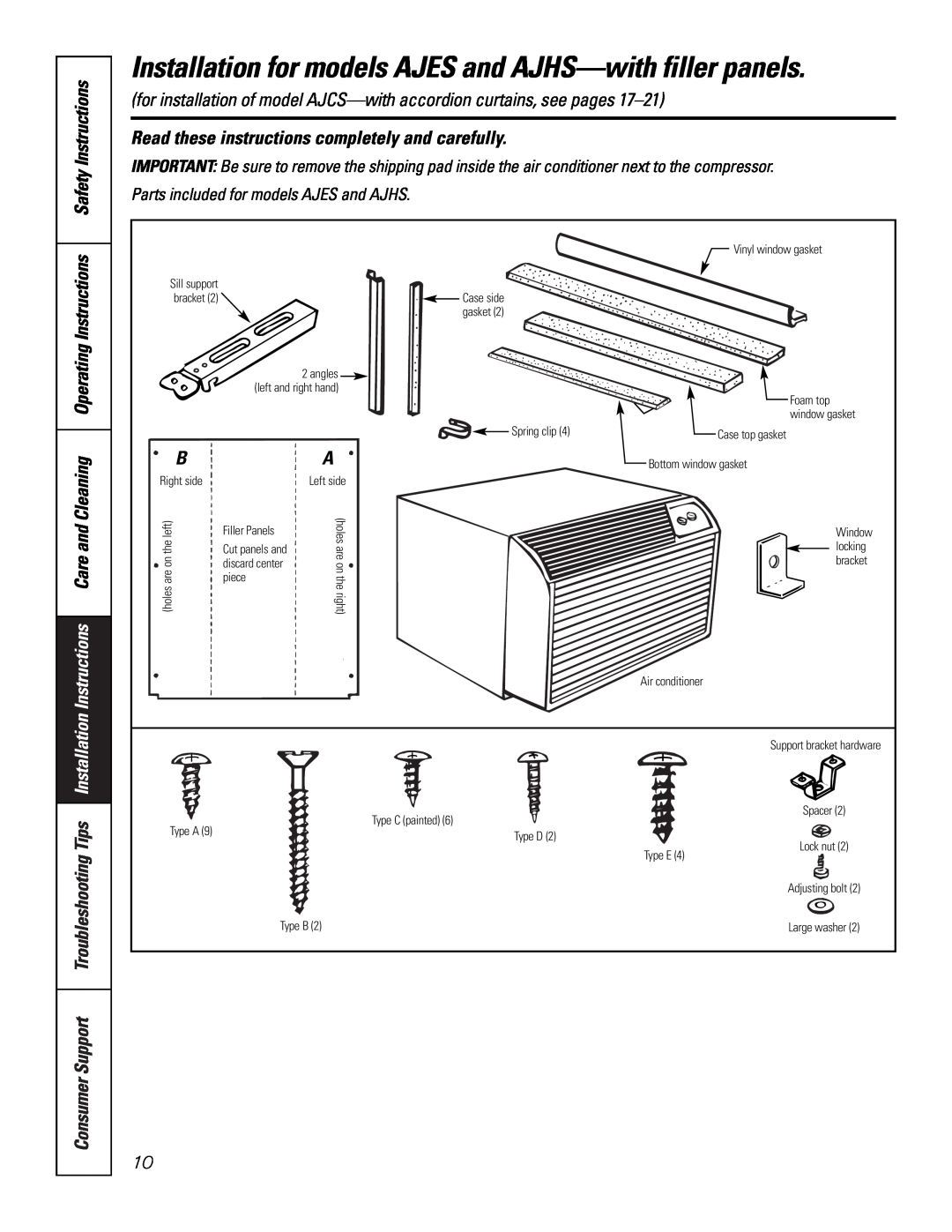 GE 10 AZA owner manual Parts included for models AJES and AJHS, Read these instructions completely and carefully 