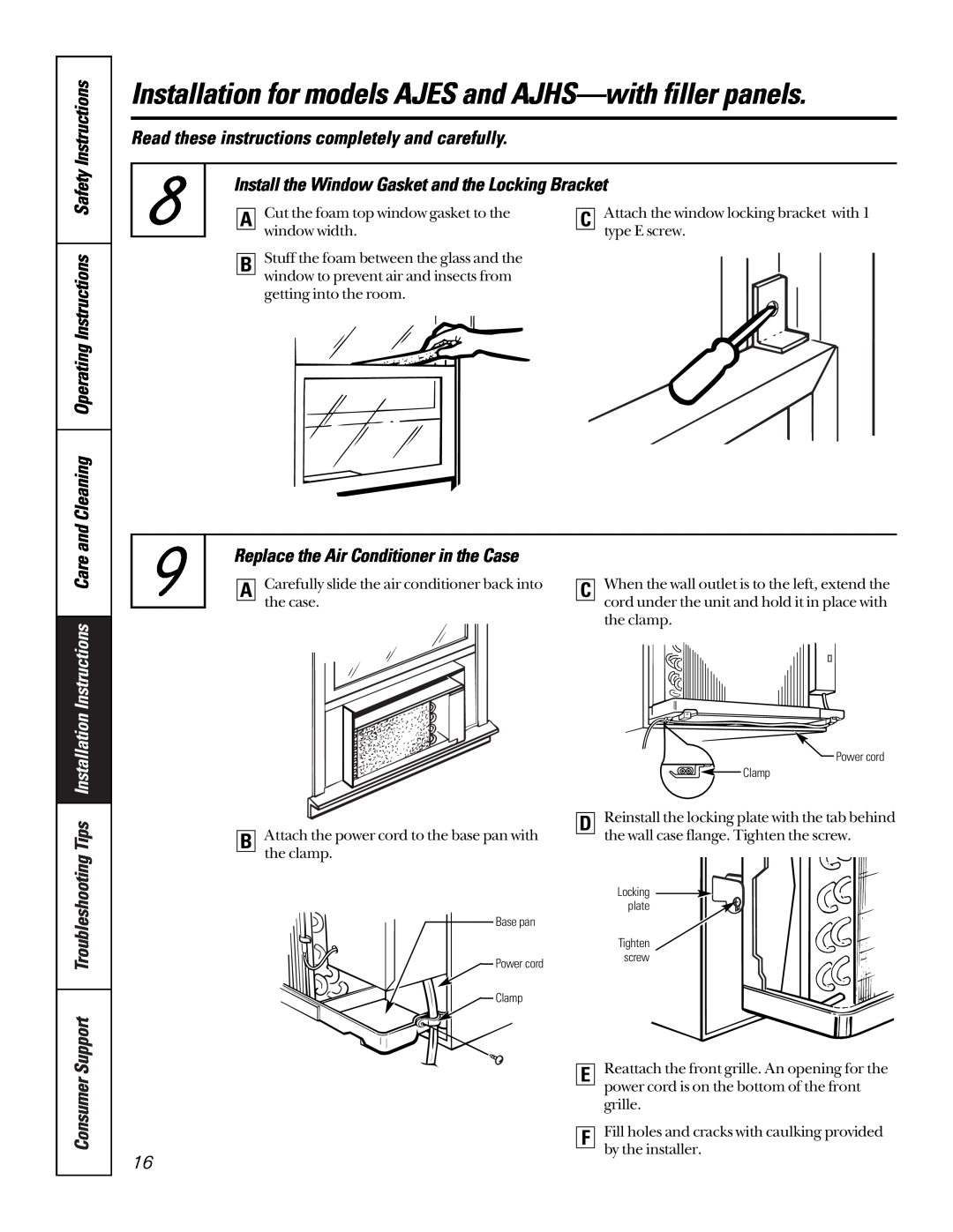 GE 10 AZA owner manual Install the Window Gasket and the Locking Bracket, Read these instructions completely and carefully 