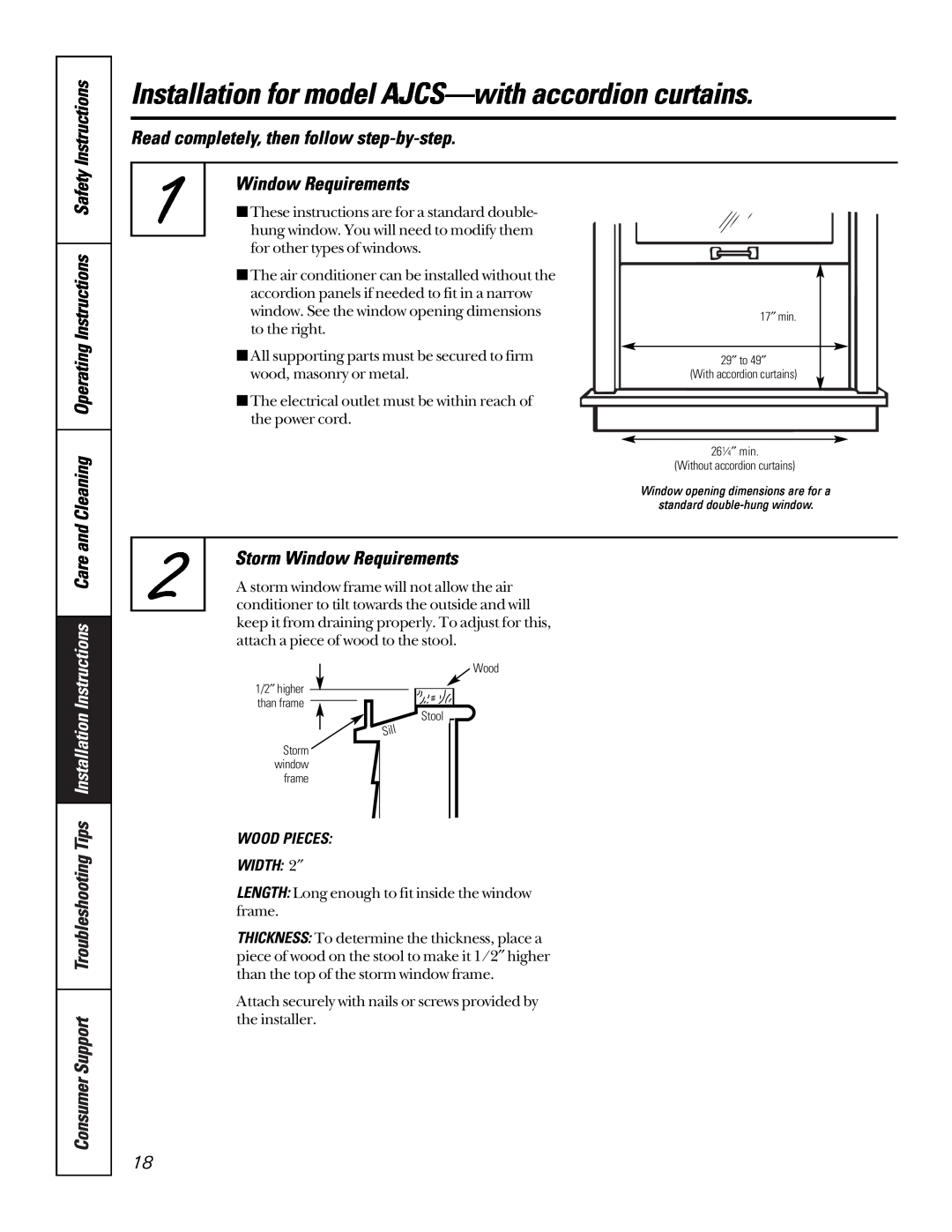 GE 10 AZA Cleaning Operating Instructions Safety, Read completely, then follow step-by-step, Window Requirements 