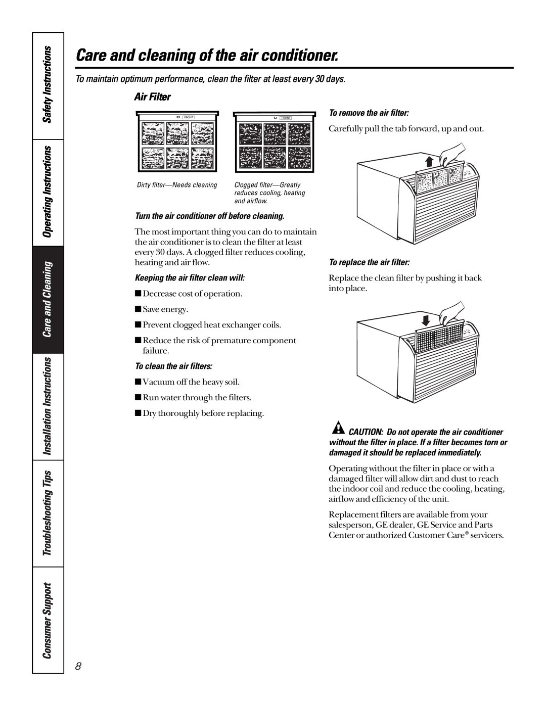 GE 10 AZA Instructions Safety Instructions, Air Filter, Care and cleaning of the air conditioner, To remove the air filter 