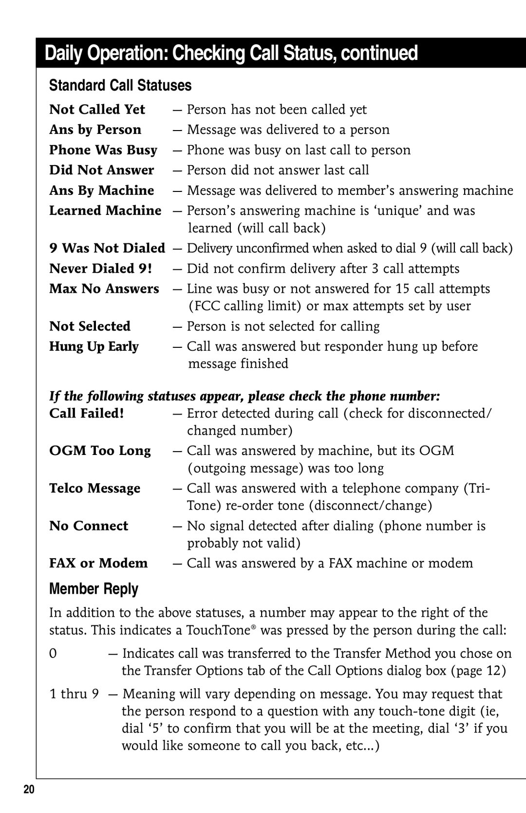 GE 10/02 Network operating instructions Standard Call Statuses, Member Reply 