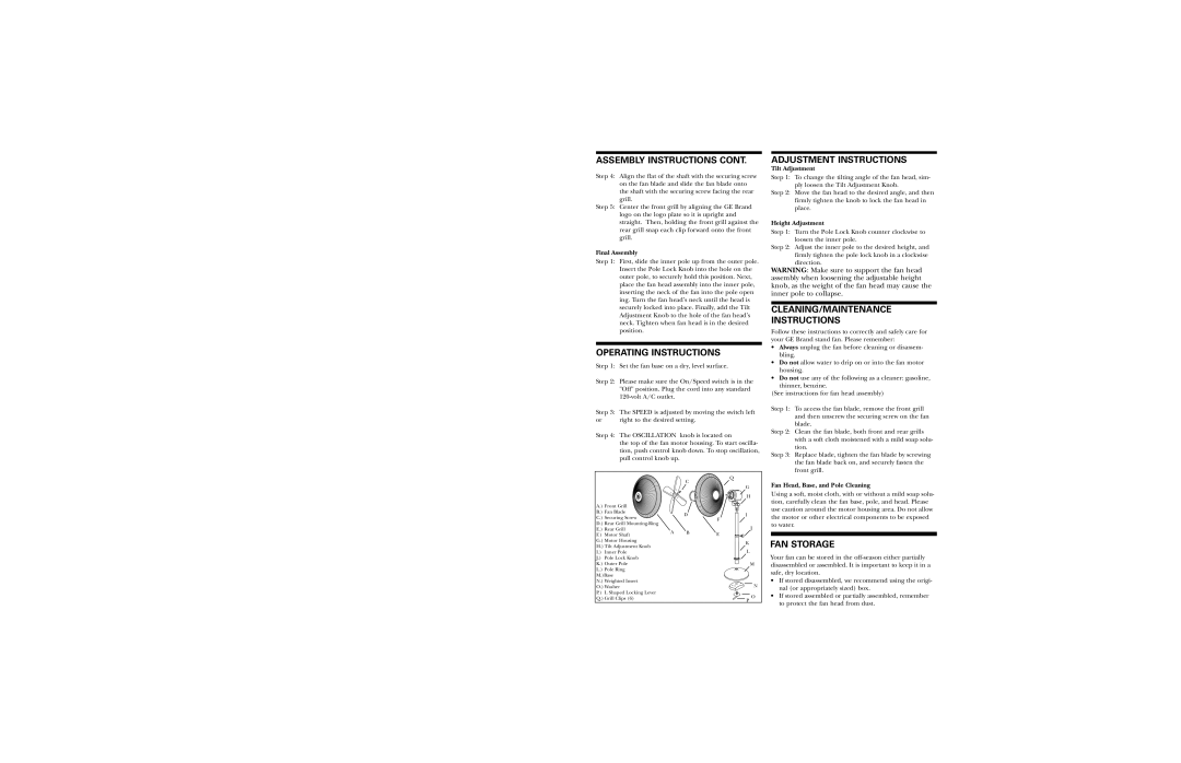 GE 106573 warranty Operating Instructions, Adjustment Instructions, CLEANING/MAINTENANCE Instructions, FAN Storage 