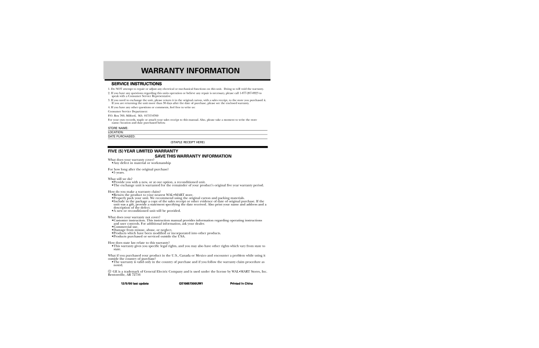 GE 106573 warranty Service Instructions, FIVE 5 YEAR LIMITED WARRANTY, Save This Warranty Information 