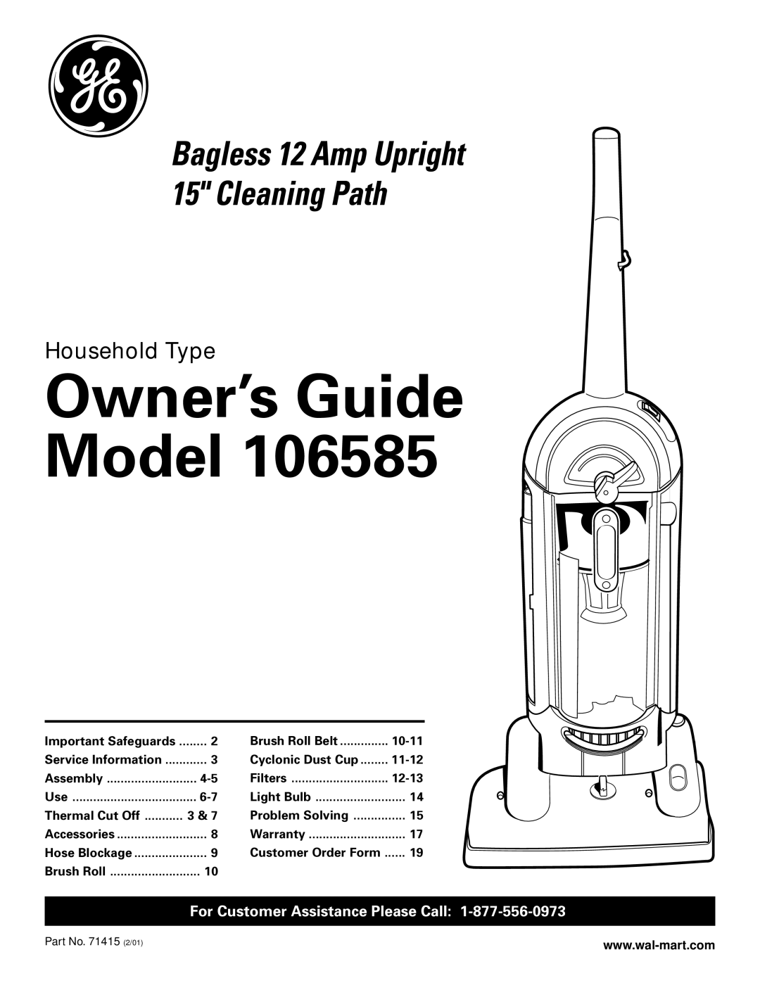 GE 71415, 106585 warranty Owner’s Guide Model 