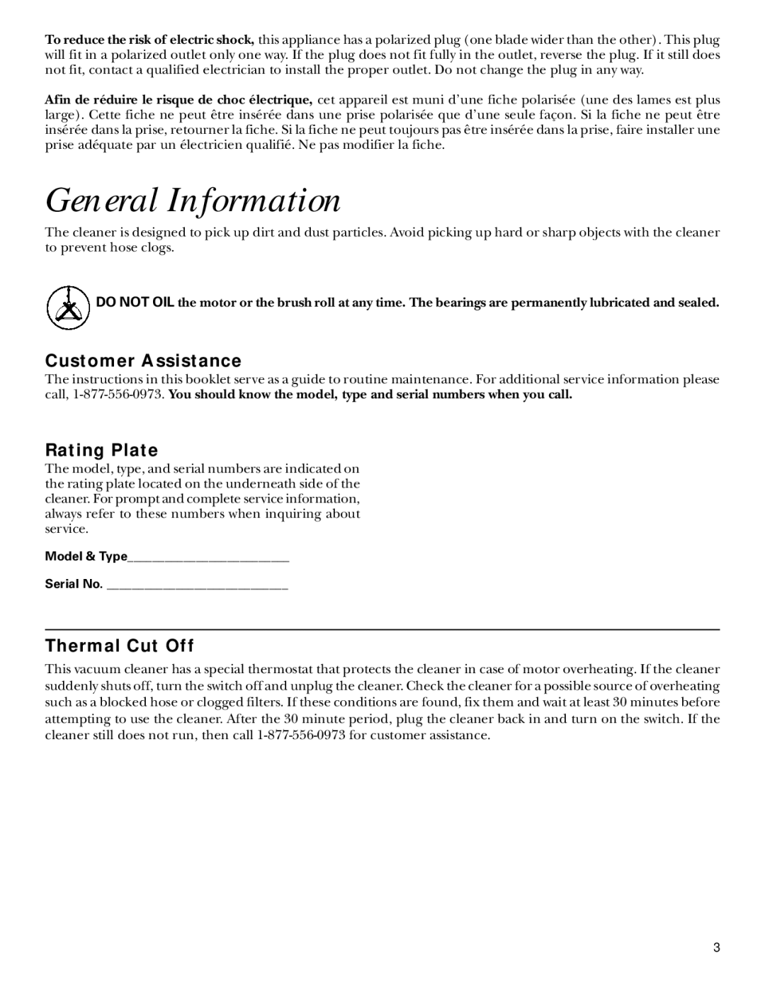 GE 71415, 106585 warranty General Information, Customer Assistance, Rating Plate, Thermal Cut Off 