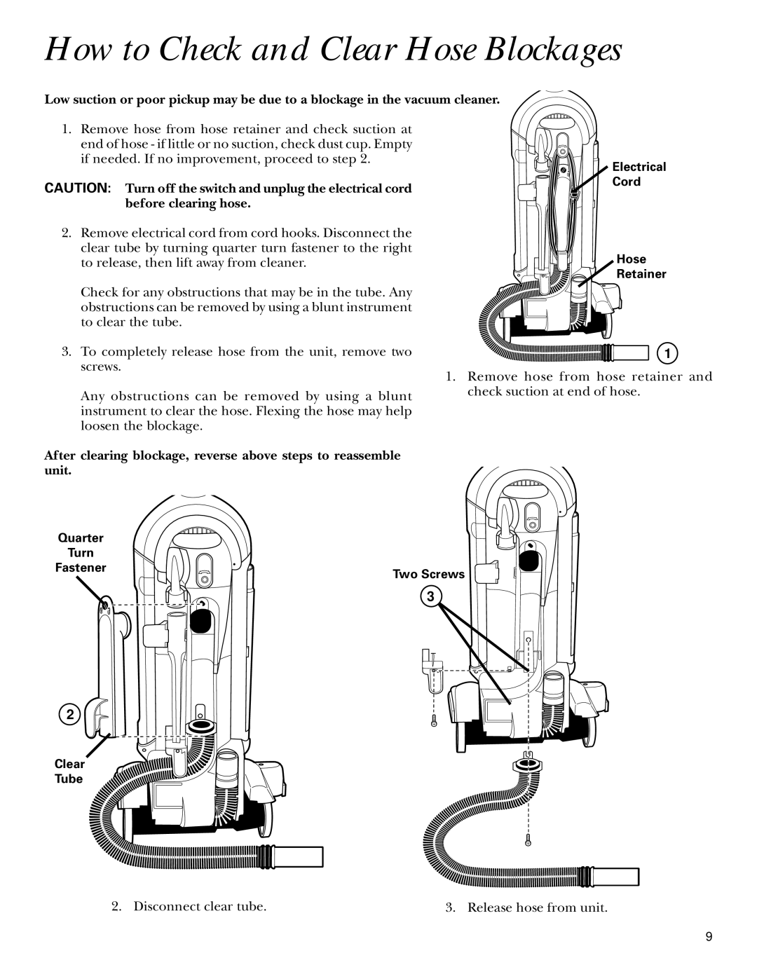 GE 71415, 106585 warranty How to Check and Clear Hose Blockages 