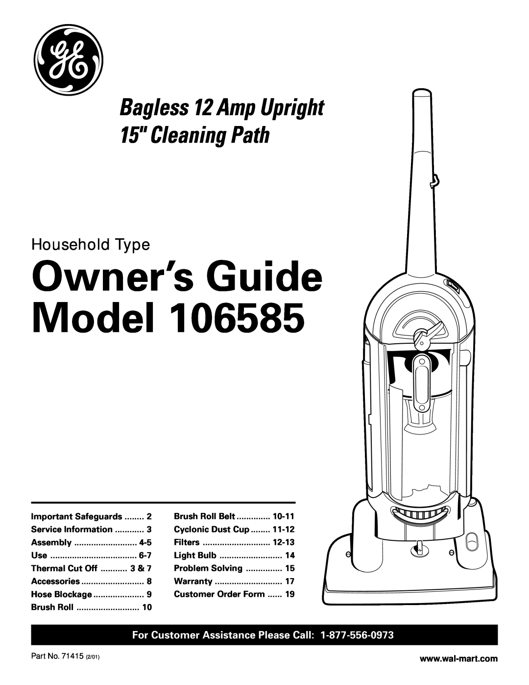 GE 71415 warranty Owner’s Guide Model, Household Type, For Customer Assistance Please Call, Important Safeguards, 10-11 