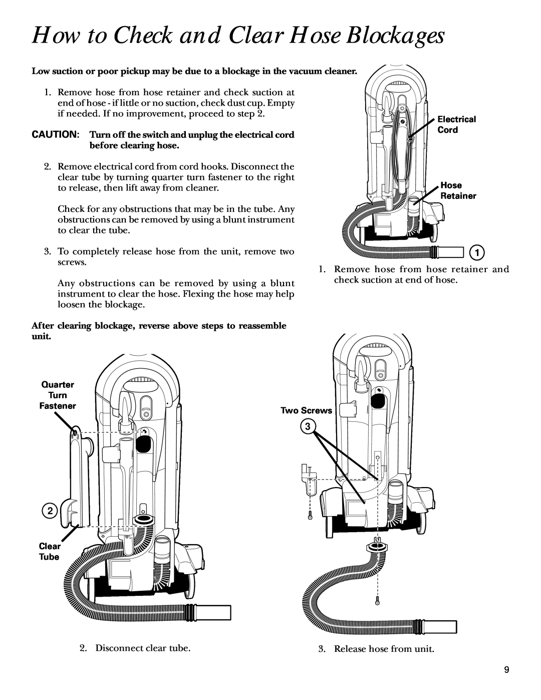 GE 71415, 106585 warranty How to Check and Clear Hose Blockages 
