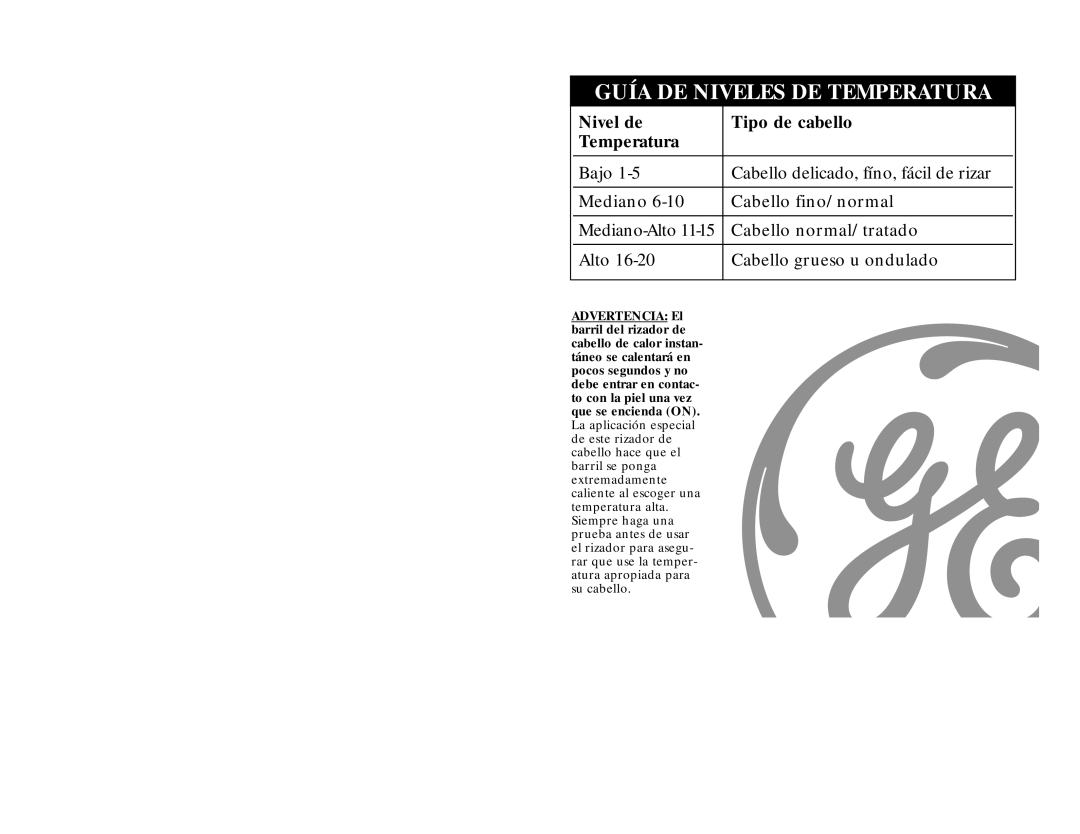 GE 106608 instruction manual Guía DE Niveles DE Temperatura 