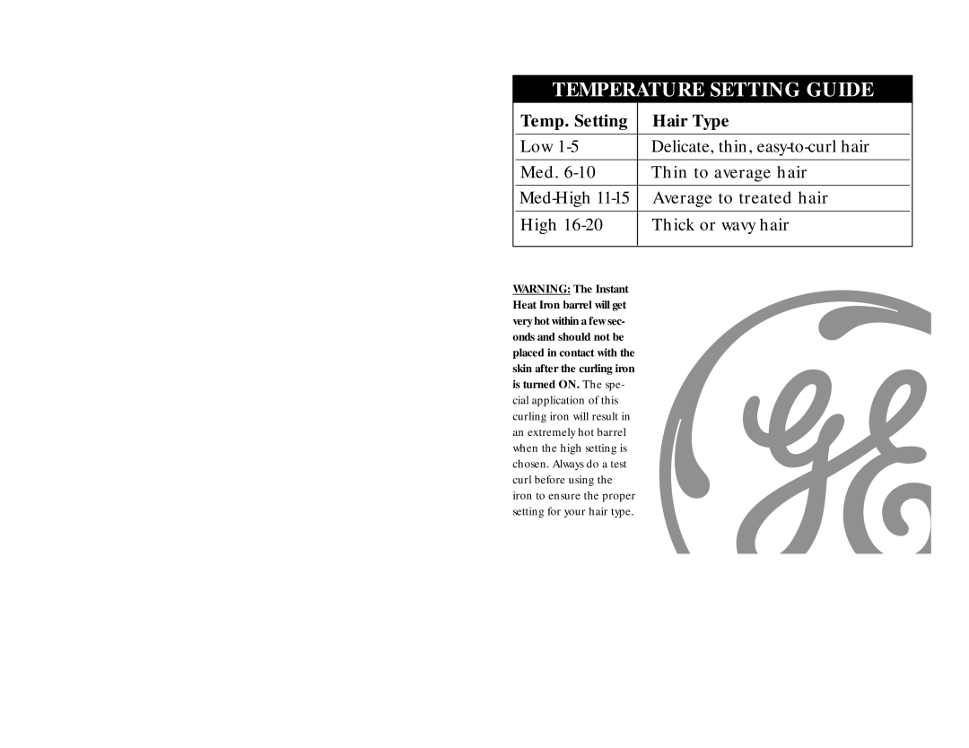 GE 106608 instruction manual Temperature Setting Guide 