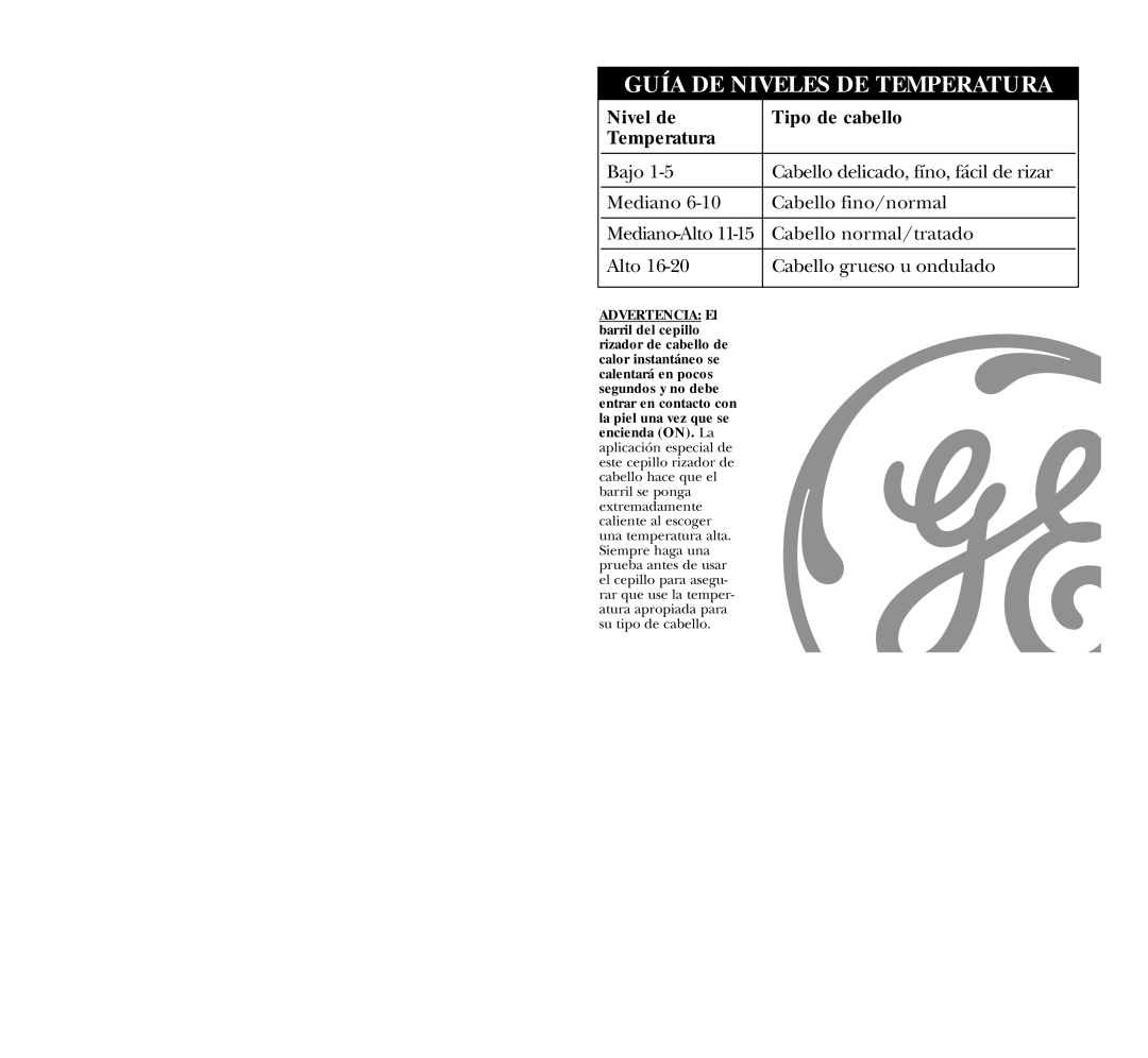 GE 00GE26055, 106628 instruction manual Guía DE Niveles DE Temperatura 