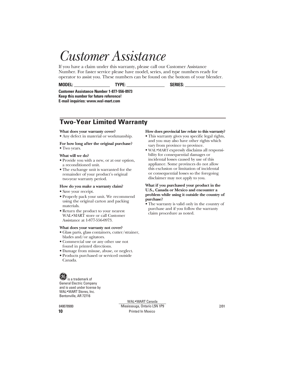 GE 106644, 840078900 manual Customer Assistance, Two-Year Limited Warranty 