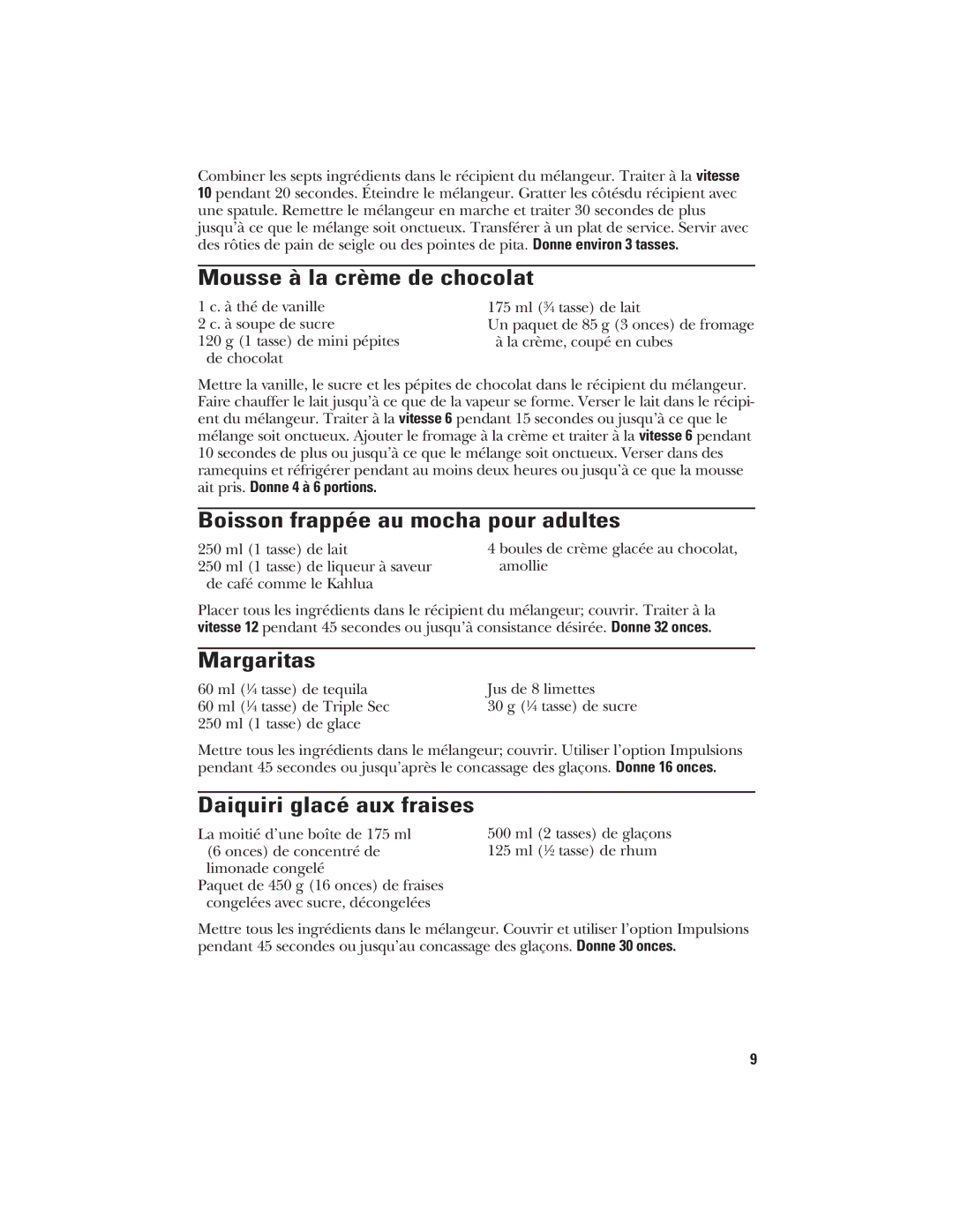 GE 840078900, 106644 manual Mousse à la crème de chocolat, Boisson frappée au mocha pour adultes, Daiquiri glacé aux fraises 